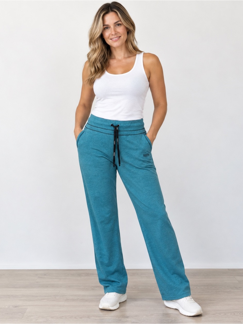 Roots Womens Teal Blue Straight Leg Lounge Pants Drawstring Active Sweatpants